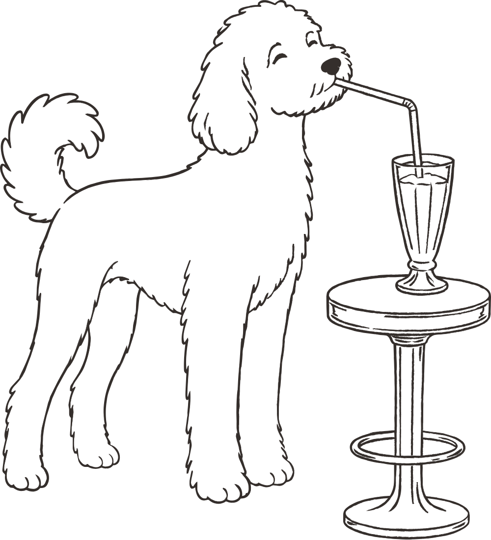 Illustration of a fluffy dog sipping a milkshake through a straw at a soda counter stool